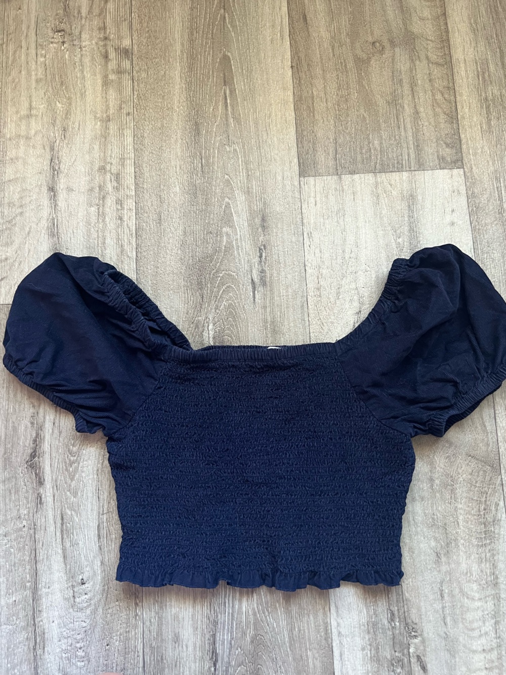 Navy Blue Smocked Off The Shoulder Puff Sleeve Crop Top Blouse Lettuce Hem